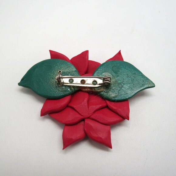 Christmas Poinsettia Brooch Earring Set Handcrafted Polymer Clay 2.5" Pin Studs - Picture 4 of 9